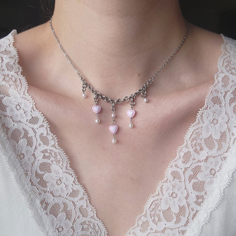 Vintage coquette pink & silver hearts chandelier necklace